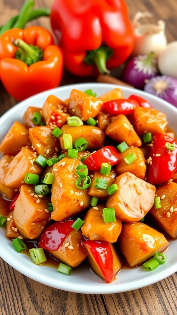 Keto Sweet and Sour Chicken served with colorful bell peppers and onions, garnished with green onions and sesame seeds on a wooden table.